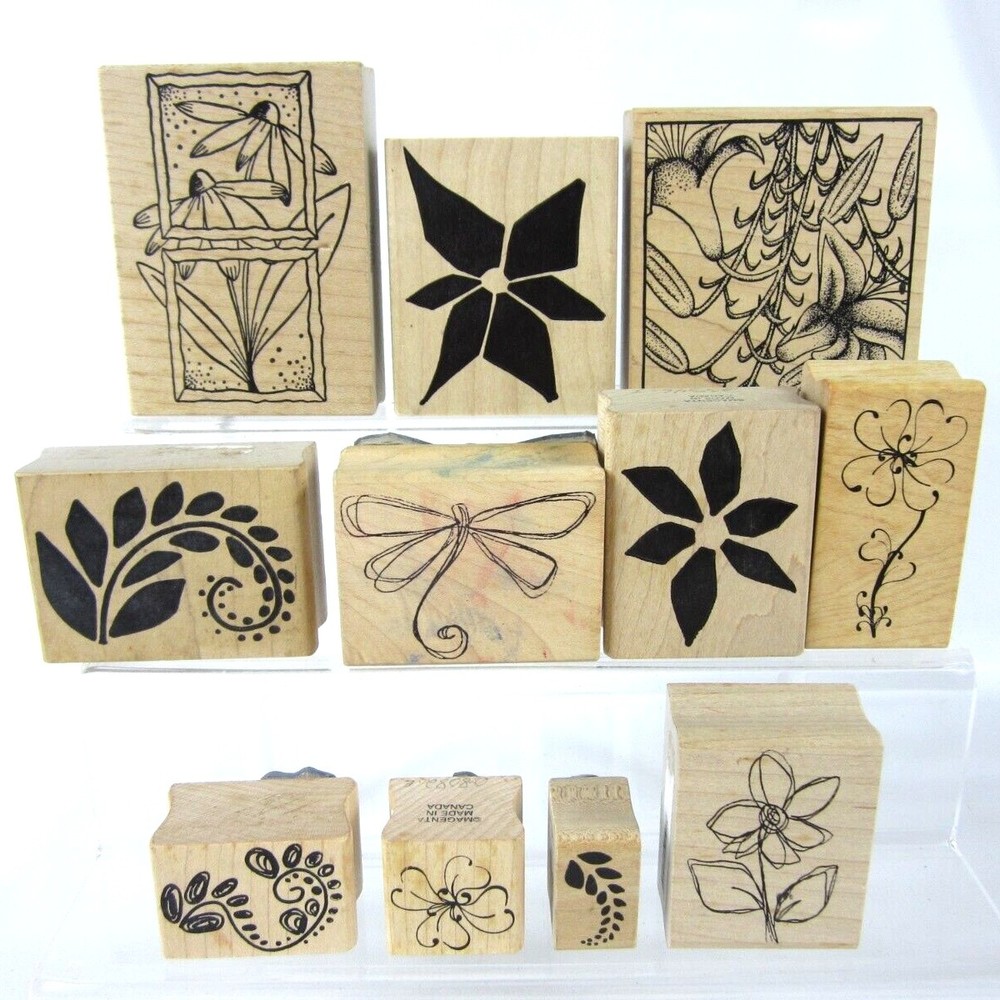 Vintage Magenta Wood Rubber Stamps Lot of 11 Flowers Plants Leaves
